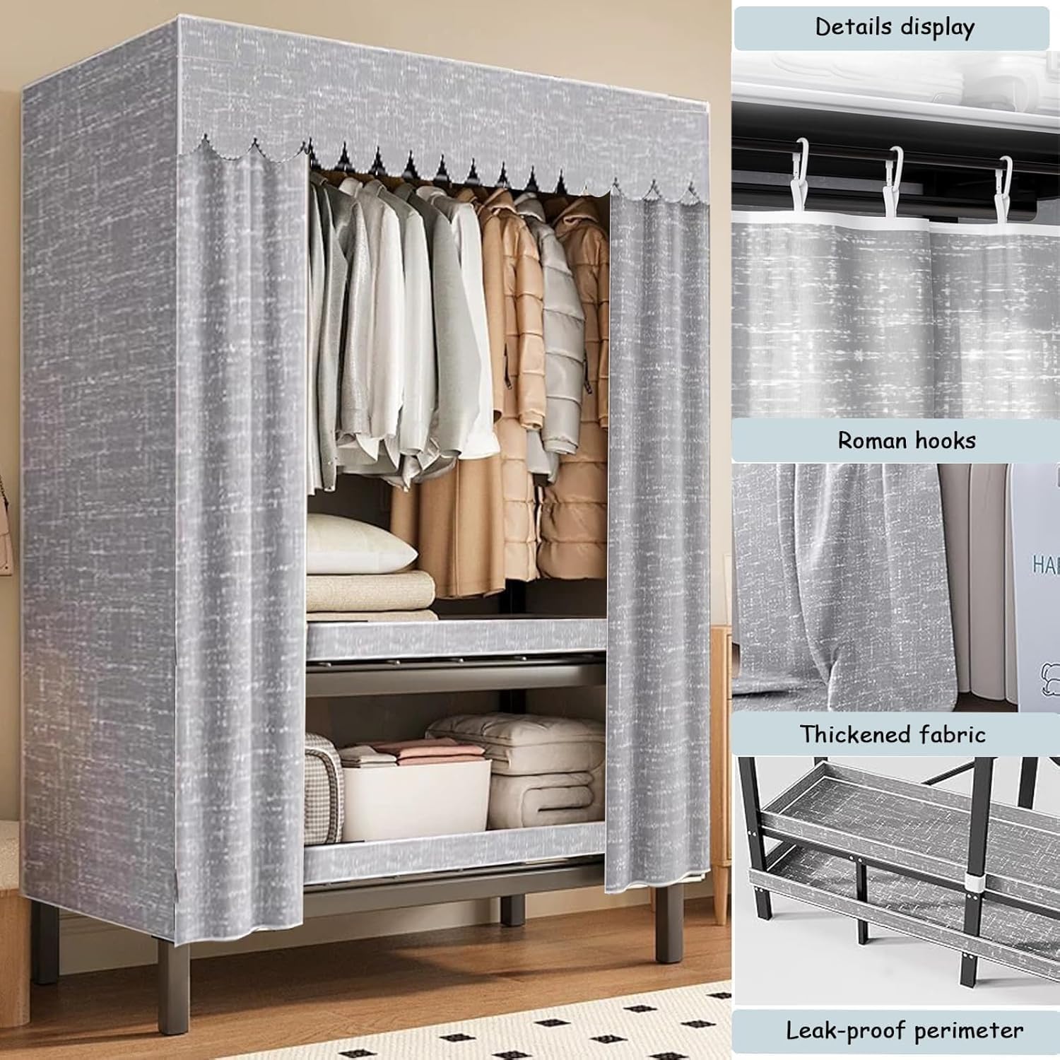 Heavy Duty Clothe Rack with Cover Load 1200lbs Foldable Portable Wardrobe Closets for Hanging Clothes Freestanding Clothing Garment Rack, Wardrobe Clothes Organizer(203(Wheel))