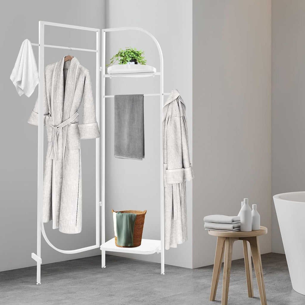 Clothes Display Stand, Metal Heavy Duty Freestanding Garment Rack Foldable Clothing Shelf Clothes Rack for Hanging Clothes Coats Skirts Shirts Sweaters (White)