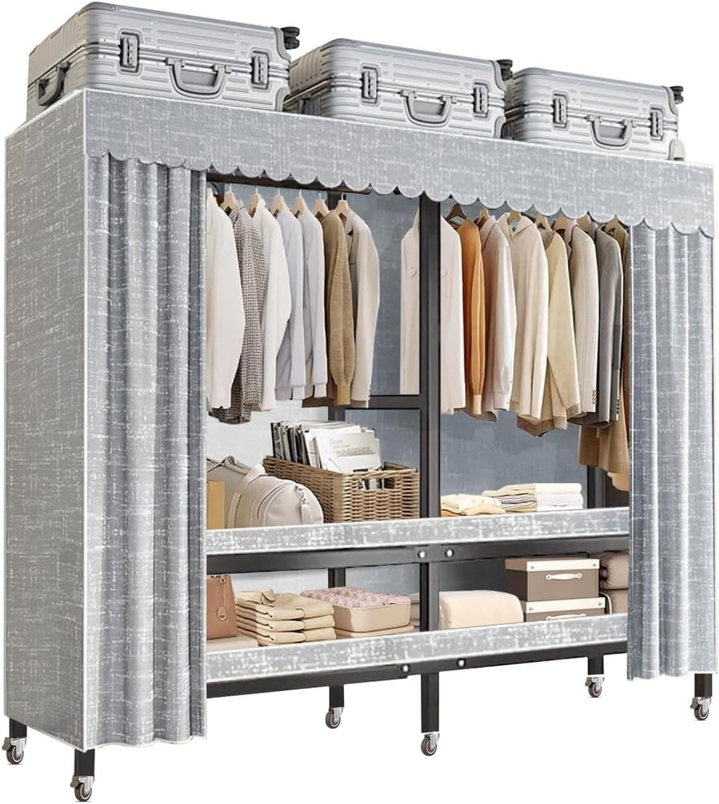 Heavy Duty Rolling Garment Rack With Cover, Width 20.47in，max 2000lbs, Foldable Clothing Rack For Hanging Clothes, Portable Freestanding Closets Wardrobe , Metal Armoires,multiple Sizes(150*52*180cm)