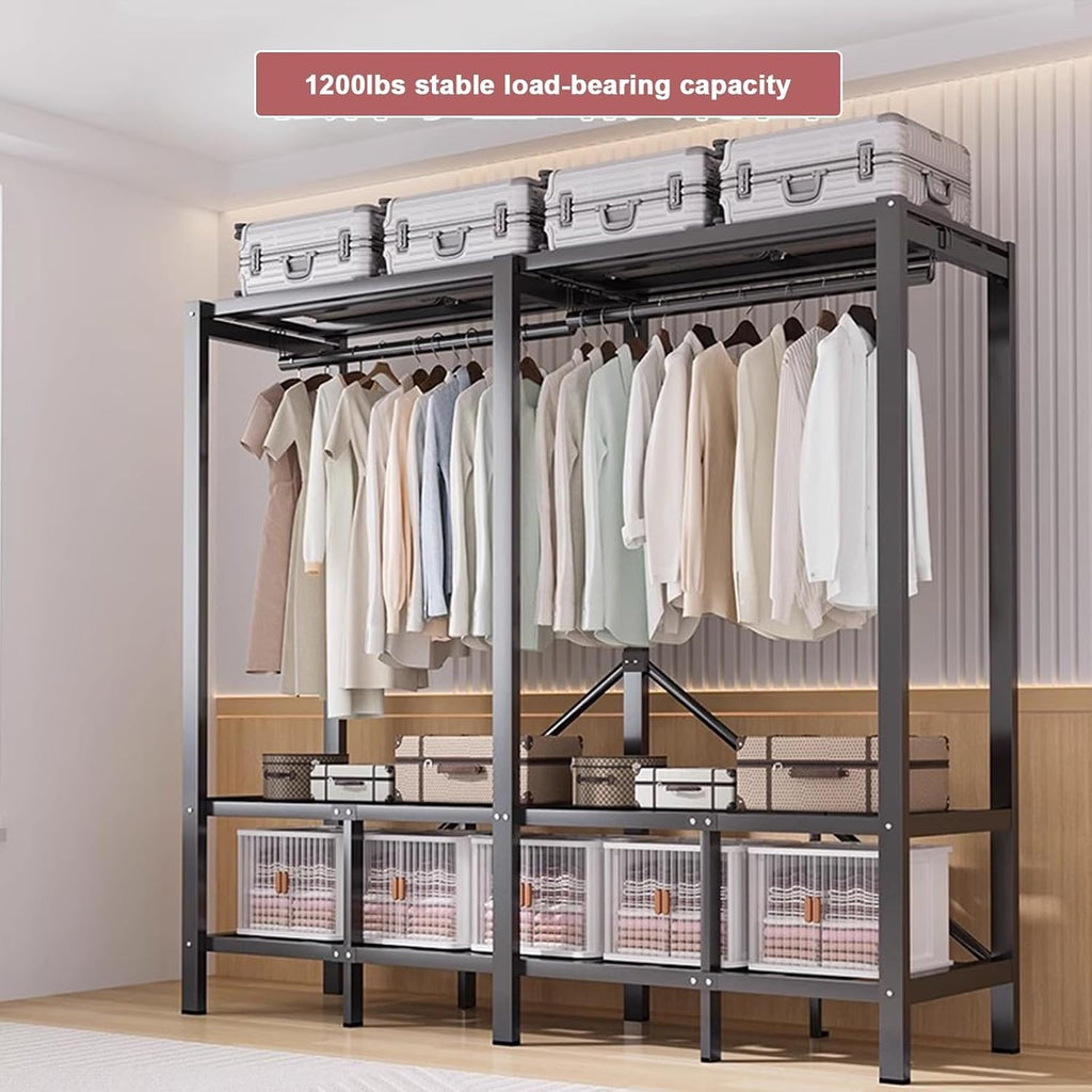 Portable Wardrobe Closet Rack - Heavy-Duty Foldable Garment Rack with Cover, 1100lbs Freestanding Clothes Organizer System,Enclosed Curtain Armoires for Hanging Clothes for Bedroom(66.1in)