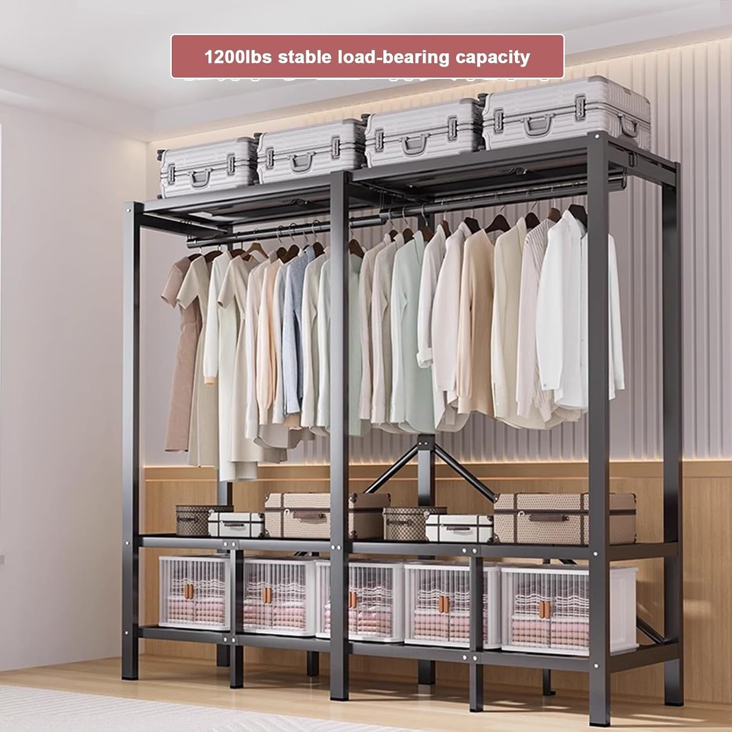 Portable Wardrobe Closet Rack - Heavy-Duty Foldable Garment Rack with Cover, 1100lbs Freestanding Clothes Organizer System,Enclosed Curtain Armoires for Hanging Clothes for Bedroom(74.8in)