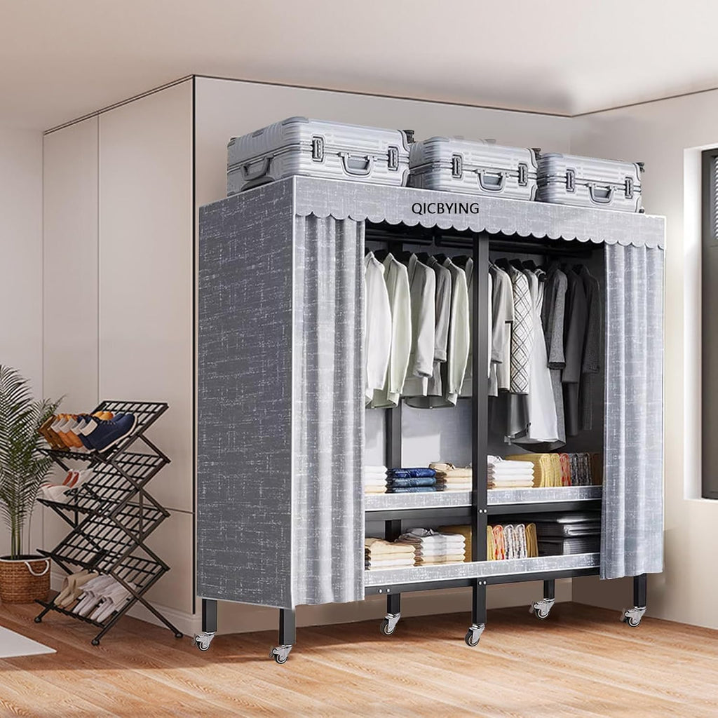 Wardrobe Storage Closet - Heavy Duty Rolling Garment Rack With Cover, Foldable Clothing Rack For Hanging Clothes, Portable Freestanding Closets Wardrobe , Metal Armoires, Max 2000lbs(Size:203*52*180cm