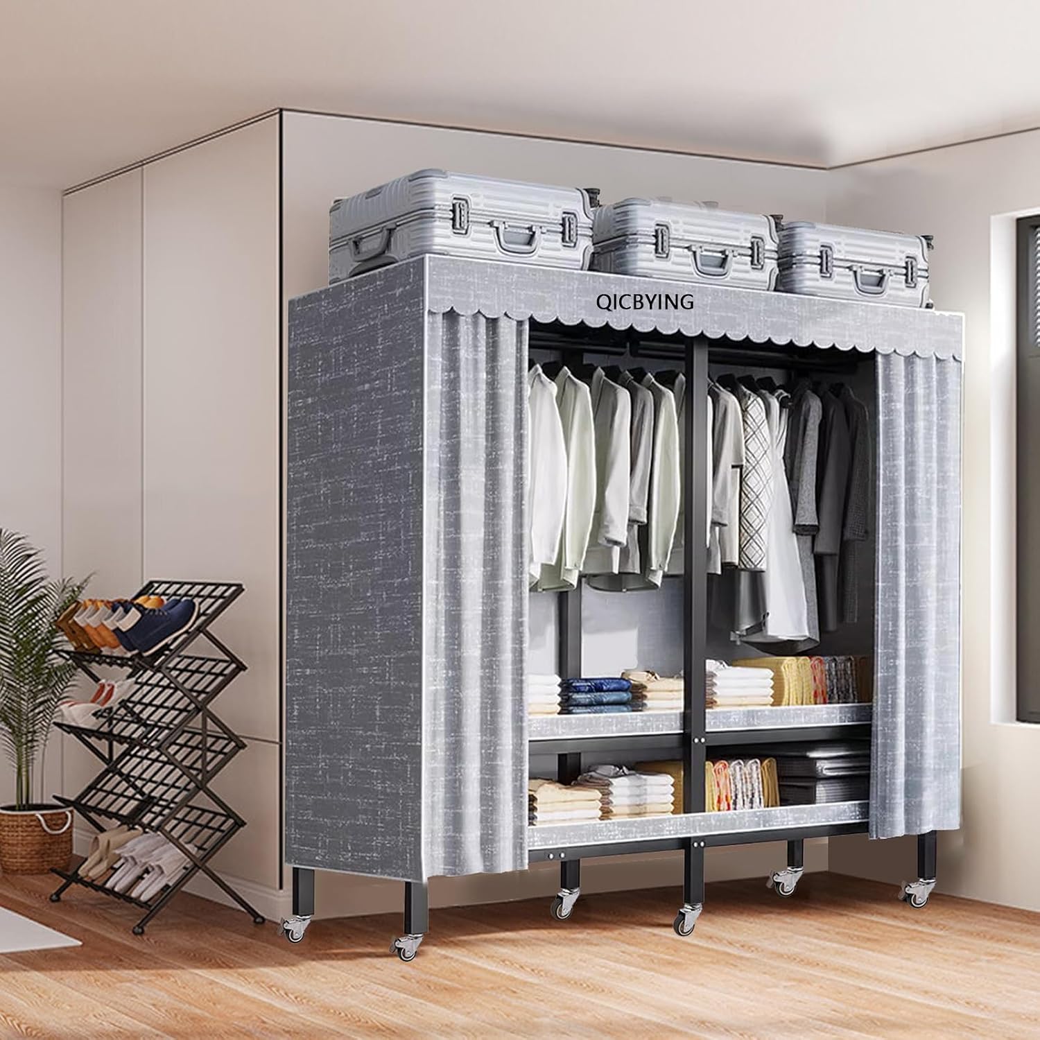 Wardrobe Storage Closet - Heavy Duty Rolling Garment Rack With Cover, Foldable Clothing Rack For Hanging Clothes, Portable Freestanding Closets Wardrobe , Metal Armoires, Max 2000lbs(Size:125*52*180cm