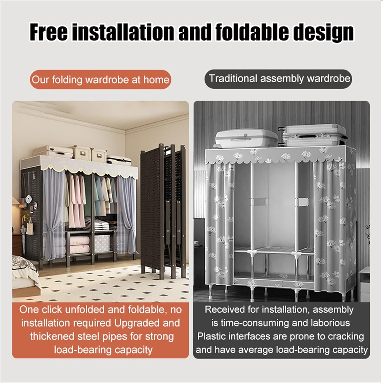 Foldable Garment Rack With Cover, Heavy-Duty Portable Closet With Steel Frame, Large Freestanding Wardrobe For Hanging Clothes Coat Storage, 2000LBS Capacity Metal Clothing Rack Armoire(130cm)