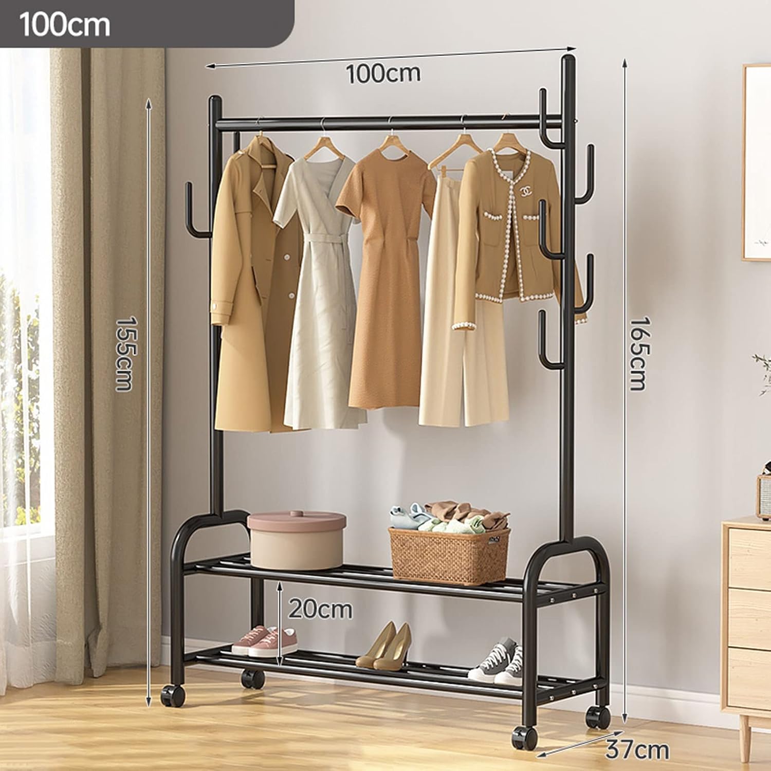 FreeStanding Metal Clothes Rail with 7 Side Hooks Garment Rack Stand and Storage Shelf for Shoes and Boxes Black 100cm Size