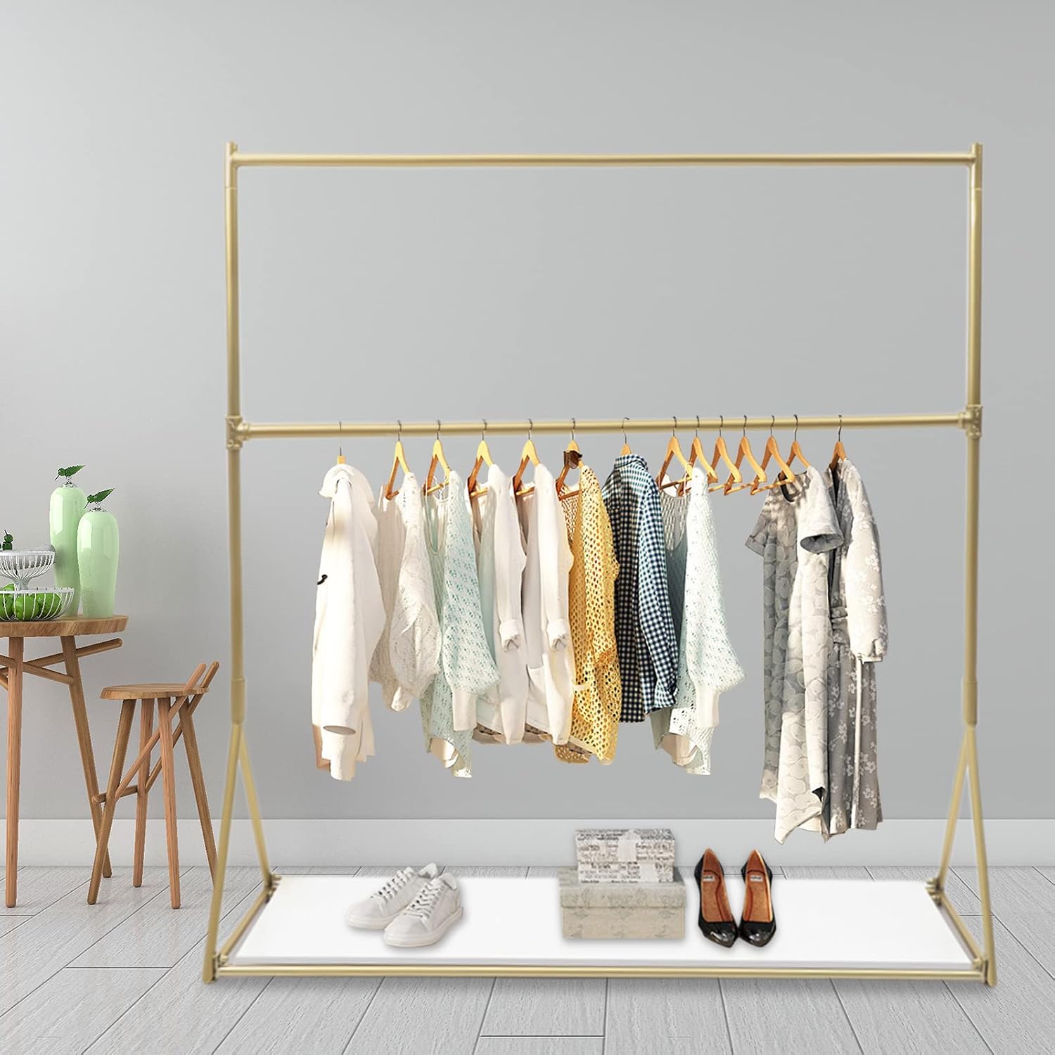 Metal Clothes Display Rack, Freestanding Garment Clothing Hanger Storage Shelf with Clothing Hanger Storage Shelf, 59x15.7x62.9 inch
