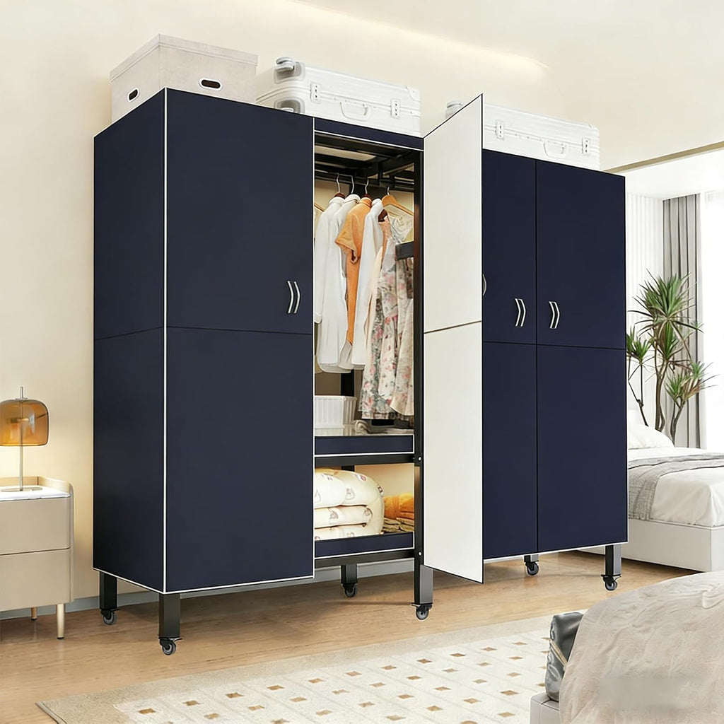 Foldable Portable Wardrobe On Wheels, Freestanding Garment Rack, with Magnetic Door 2000lbs, Heavy Duty Clothes Rack, for Bedroom Closet Systems (Gray Blue, 125CM-49.2IN)