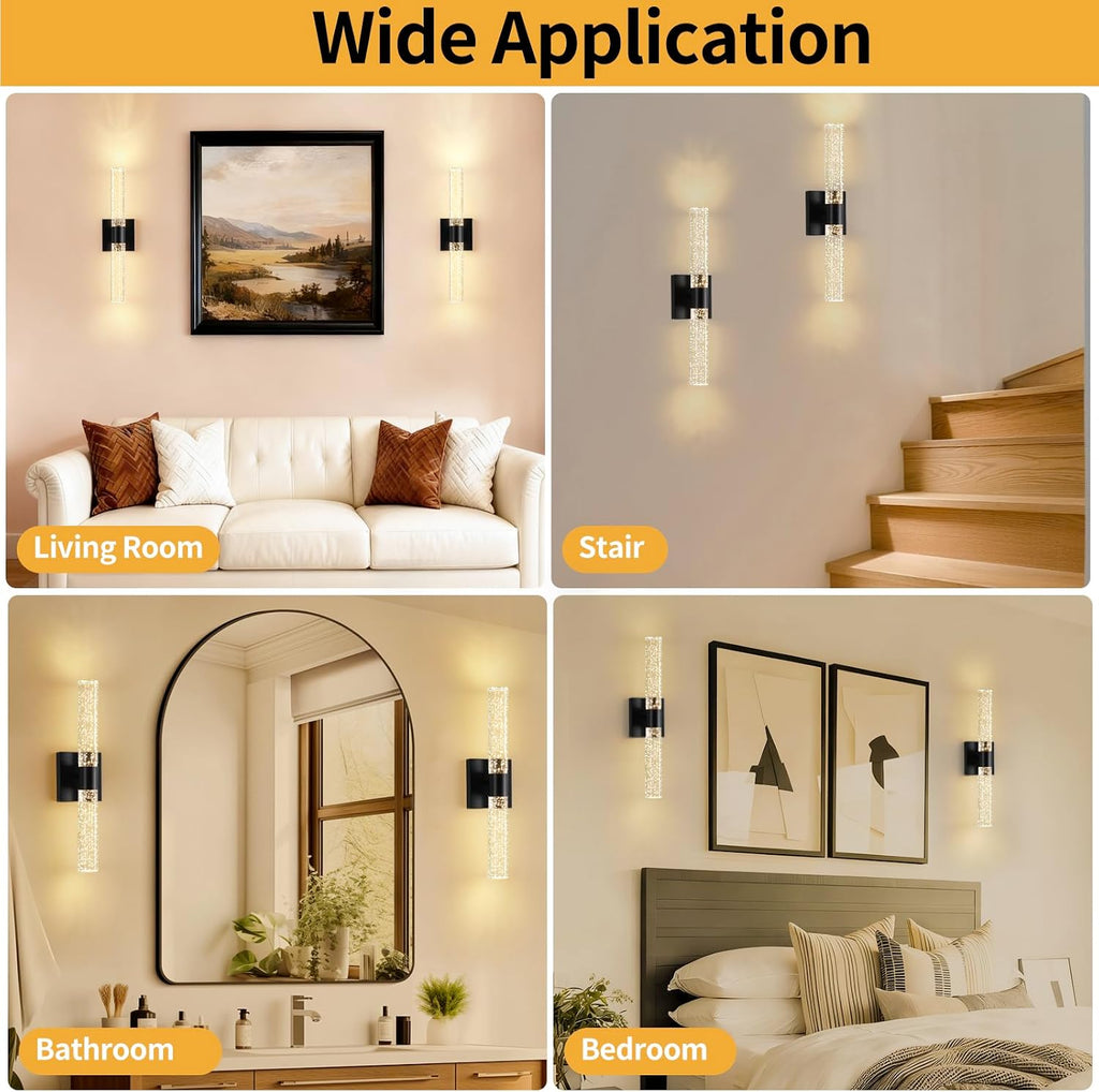 Black Modern LED Wall Sconces Set of Two 3000K-6000K Crystal Bathroom Sconce Lights 12W LED Vanity Light Bar Wall Lights for Bedroom Living Room, 18 Inch, 3 Color Temperature Adjust