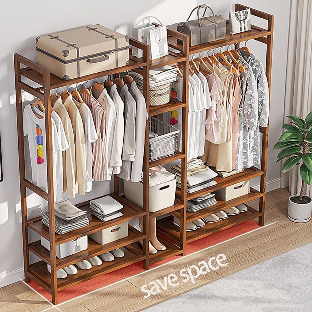 Bamboo Freestanding Coat Garment Rack with Hanging Rod 2 Shelves and Hooks Open Wardrobe Clothing Storage nizer for Bedroom Hallway Natural Wood Finish