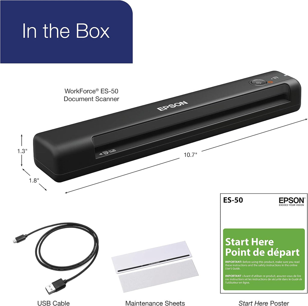 Epson Workforce ES-50 Compact Portable Single-Sheet-Fed Receipt and Document Scanner for Computers Including PC and Mac, USB Powered