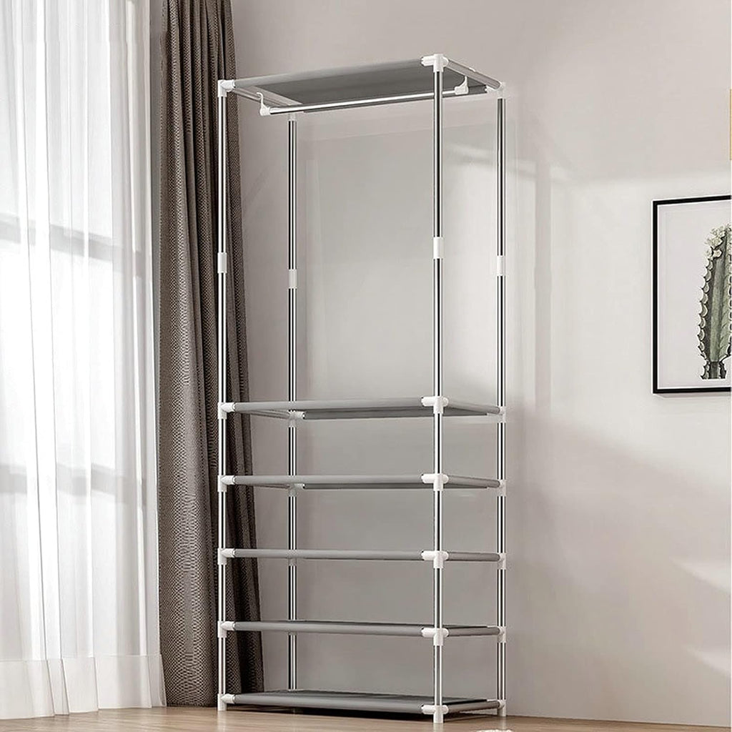Clothes Organizer Free-Standing Closet Garment Rack Metal Rod Clothes Wardrobe Metal Rod Clothes Rack Closet Storage Organizer （Without Cover） Portable Closet