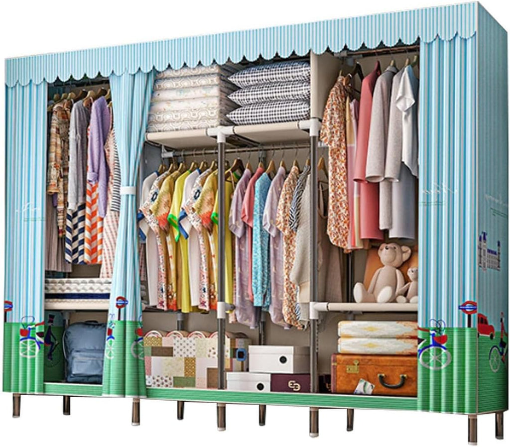 Free Standing Heavy Duty Wardrobe Closet for Bedroom 3 Tiers Garment Racks with Cover Metal Large Clothing Rack for Hanging Clothes (Color : Blue-2, Size : 245x45x172cm)