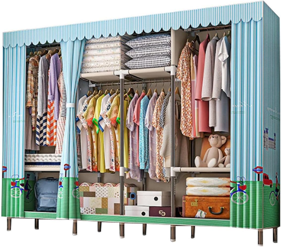 Free Standing Heavy Duty Wardrobe Closet for Bedroom 3 Tiers Garment Racks with Cover Metal Large Clothing Rack for Hanging Clothes (Color : Blue-2, Size : 245x45x172cm)