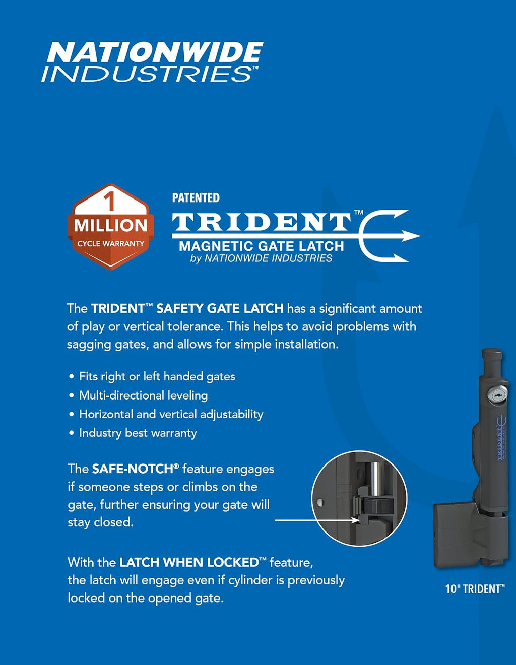 Trident 10 Inch Tall Black Magnetic Pool Child Safety Gate Latch | Keyed Alike | TRIDENT-10-BK-KA. Pack of 2