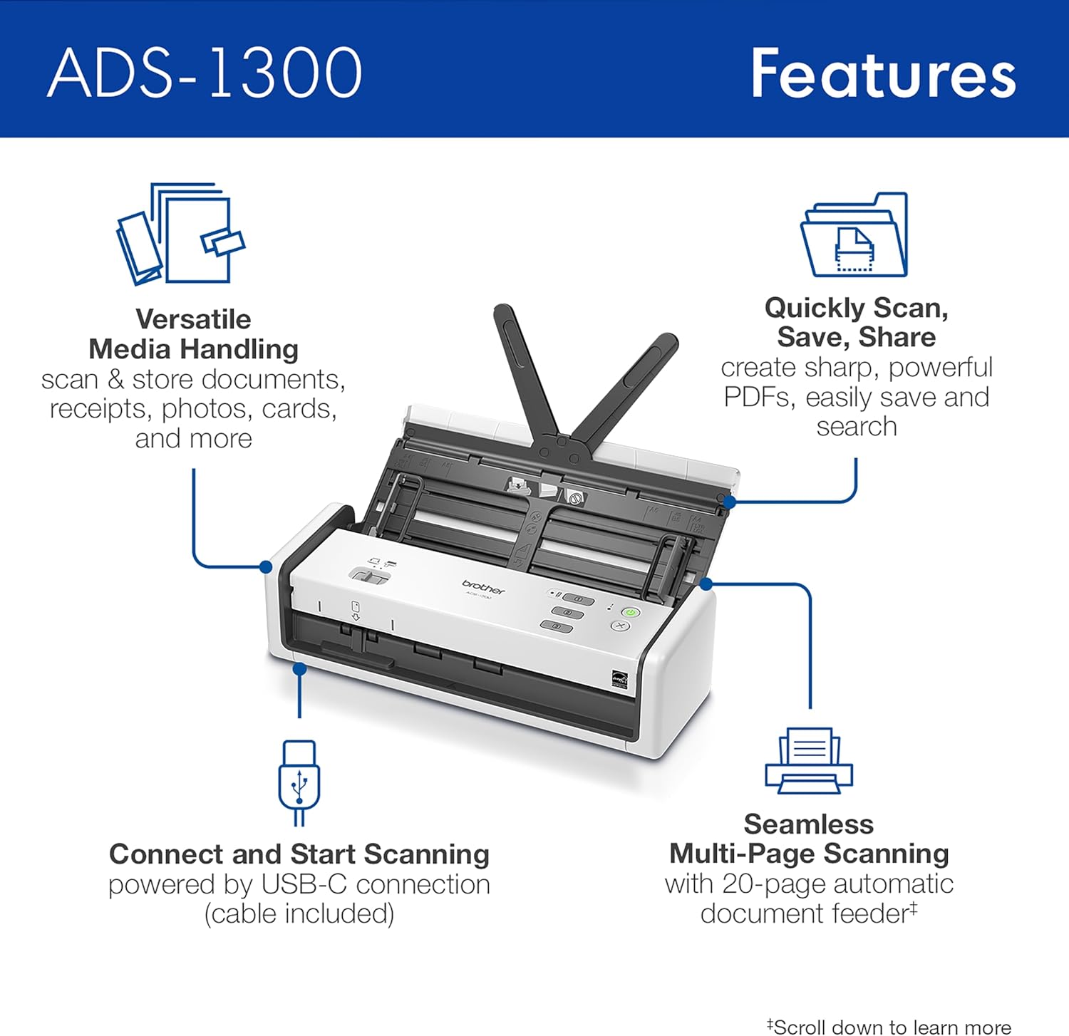 Brother ADS-1300 Compact Desktop Scanner | Scan Speeds of Up to 30ppm | Single Pass Double-Sided Scanning (Renewed Premium)