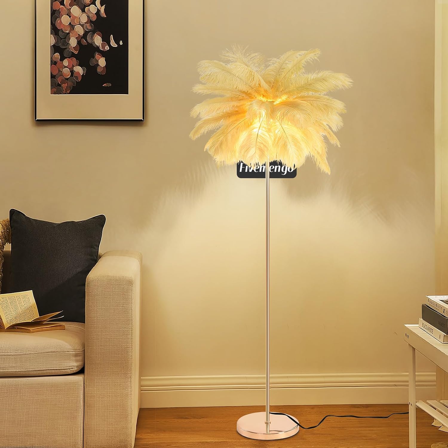 Feather Floor Lamp for Living Room, Fluffy Ostrich Feathers Lamp, Rose Gold Color Body, 3 Color Temperatures Modern Funky Arc Tall Standing Lamp for Bedroom Inclued Bright LED Bulbs (Camel)