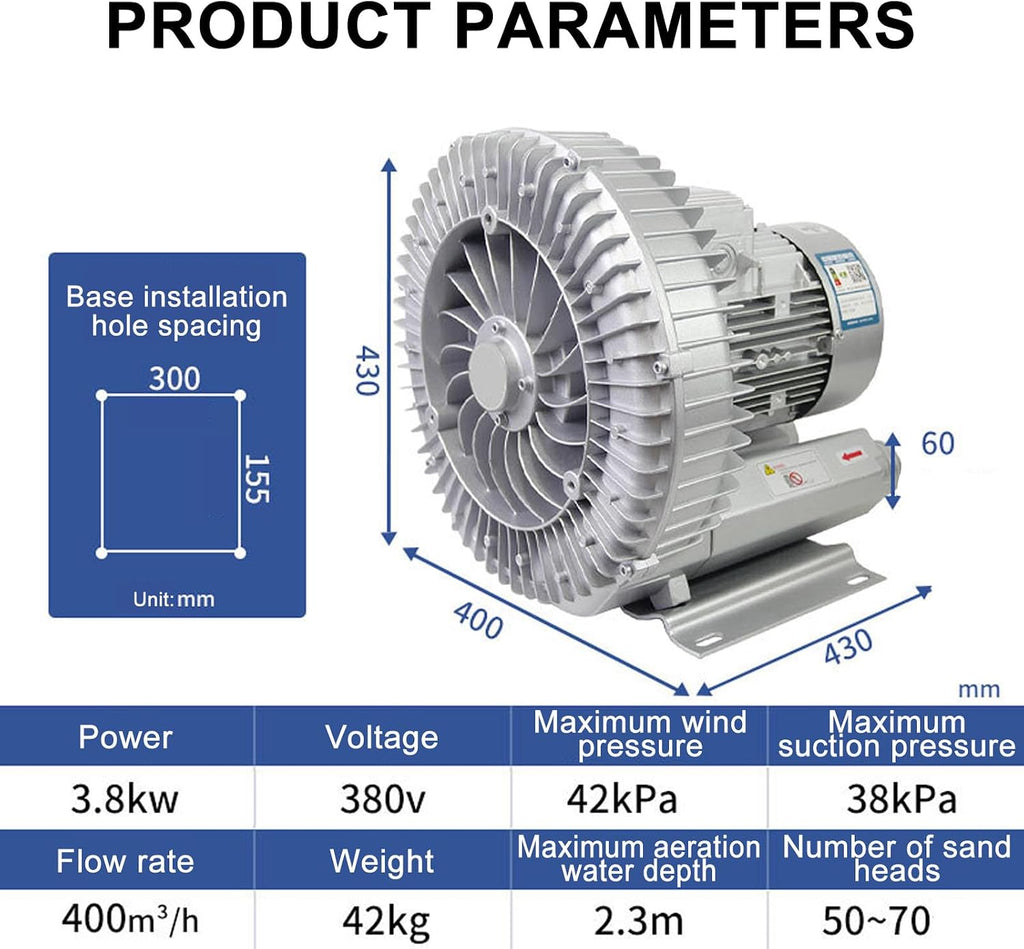 High-Pressure Vortex Ring Blower & Vacuum Pump for Sewage Aeration, Aquarium & Fish Pond - 3.8KW/380V Regenerative Blower for Efficient Water Treatment