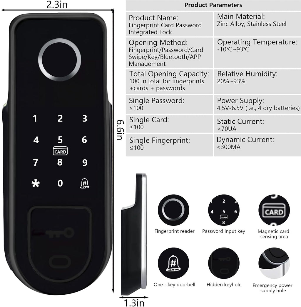 Smart Lock,Electronic gate Latch for Outdoor Fence, Waterproof keyless Smart Rim Lock, Smart Latch Double gate Lock, WiFi Double Sided Fingerprint Reader Lock,with Ttlock App