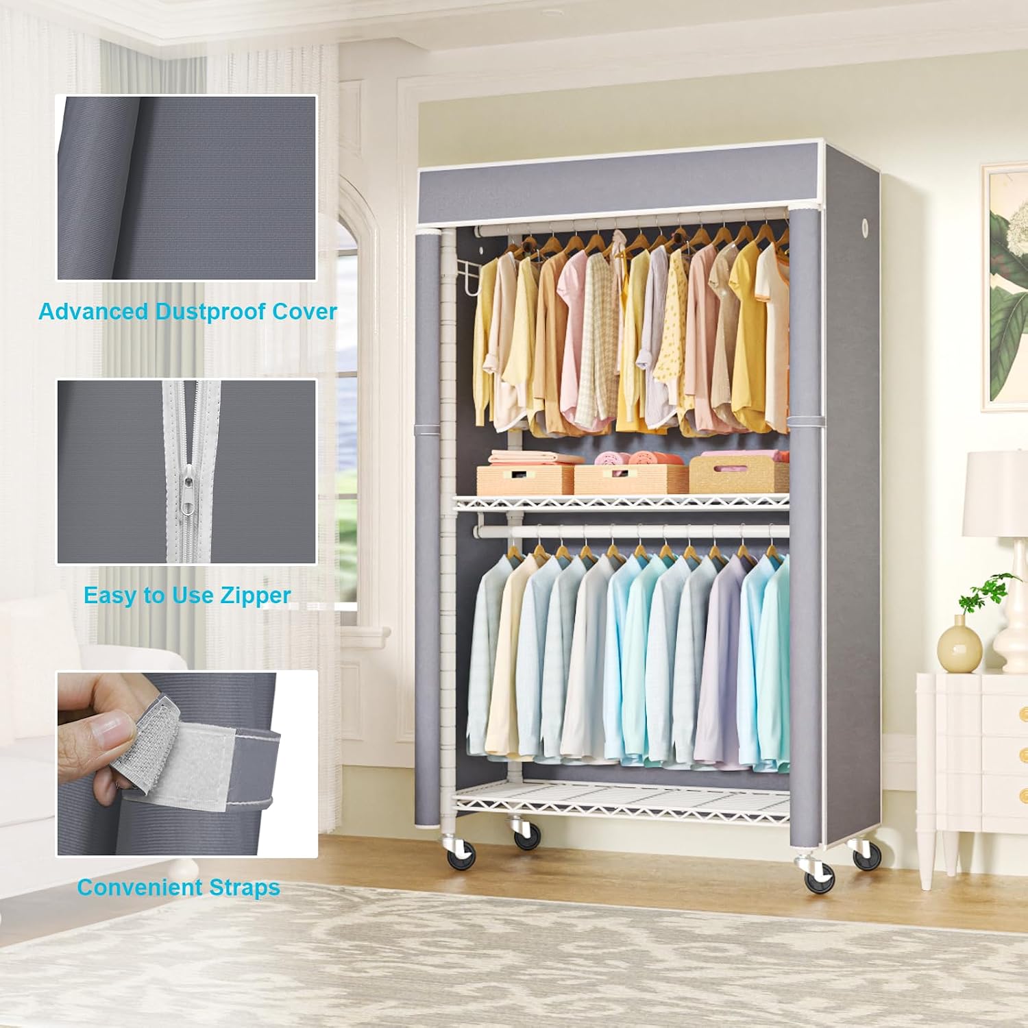 FUTASSI White Clothing Rack with Grey Cover, P1C Rolling Closet Rack with Wheels, Metal Garment Rack for Hanging Clothes, Clothing Storage Wardrobe, 36.2' W x 16.5' D x 80.5' H, Load 450 Pounds