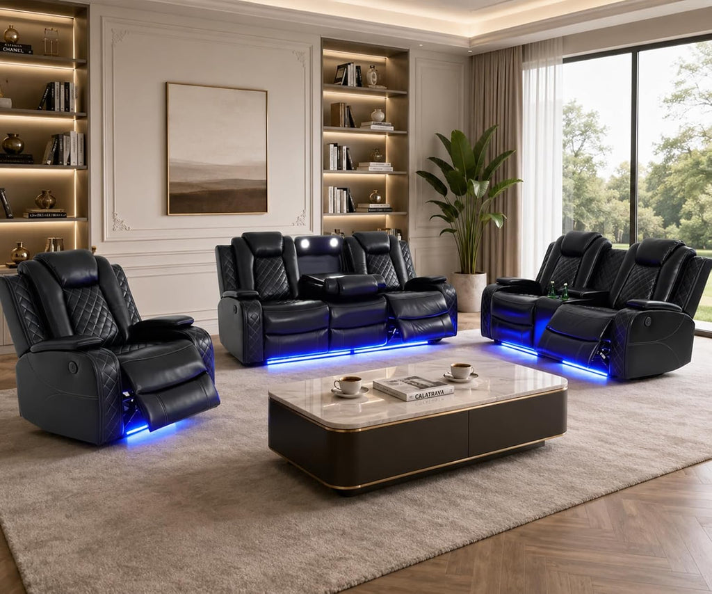 Pon Living Luxurious Leather Reclining Sofa Set with LED, Power Recliner Sofa Set, Living Room Furniture Sets with Cup Holders/USB Port & Storage Consoles for House/Home Theater