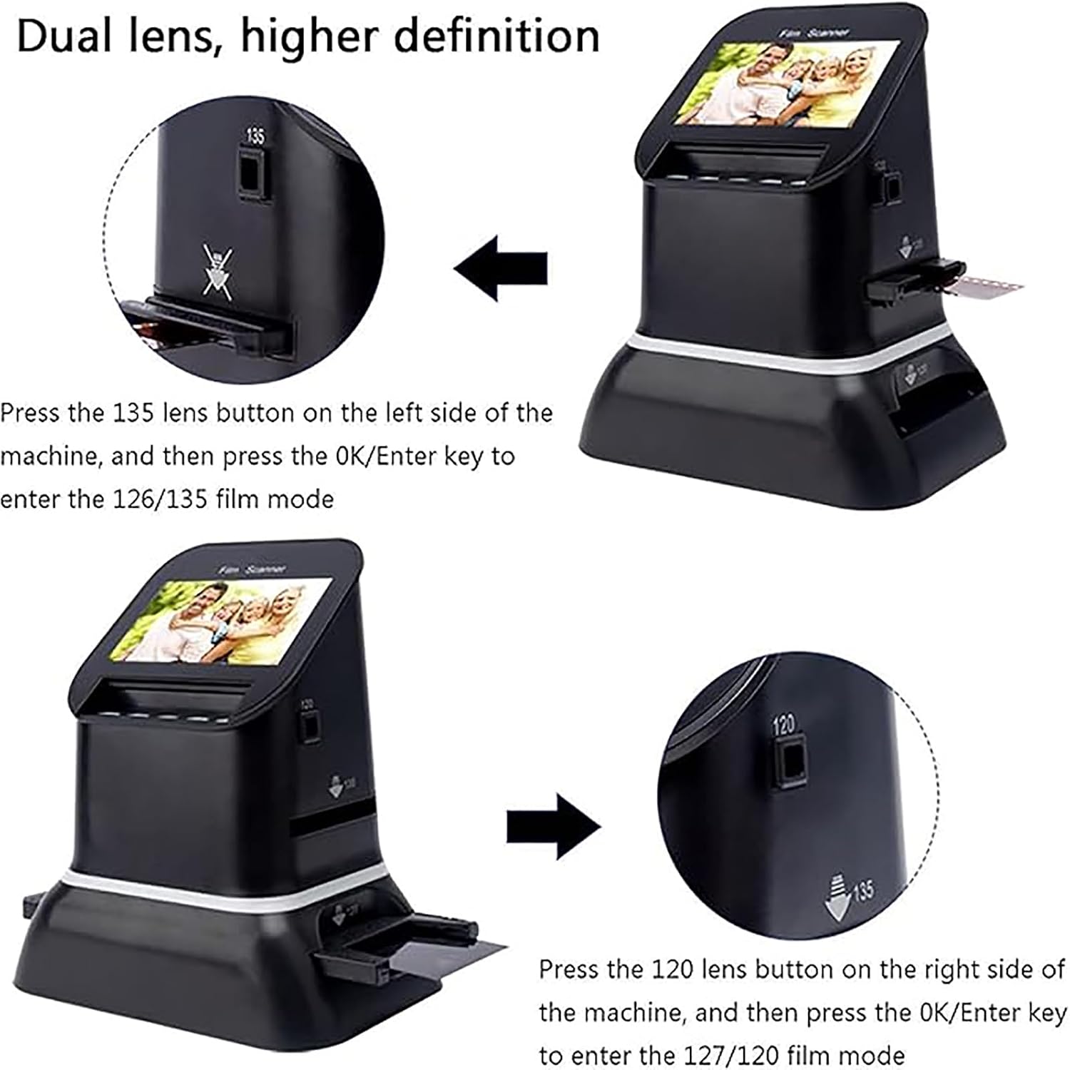 Digital Film and Slide Scanner, Film Digitizer Converter, Supports 5 Film Formats, 120 High Resolution, Digital Converter 1080p to 35mm, 135,126,127 Negative and Slides