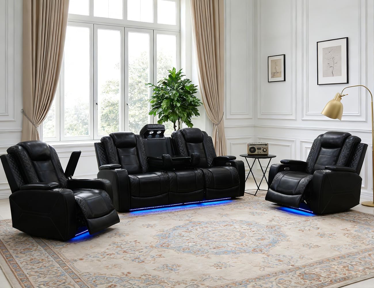 Power Recliner Sofa Set, Black Leather Reclining Couch & Chair Set, Living Room Furniture Sets, Luxury 3 Piece Living Room Furniture with Cup Holders/Storage/Charging for Home Theater/Office