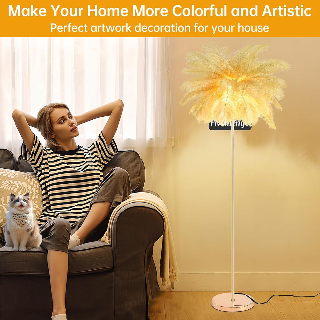 Feather Floor Lamp for Living Room, Fluffy Ostrich Feathers Lamp, Rose Gold Color Body, 3 Color Temperatures Modern Funky Arc Tall Standing Lamp for Bedroom Inclued Bright LED Bulbs (Camel)