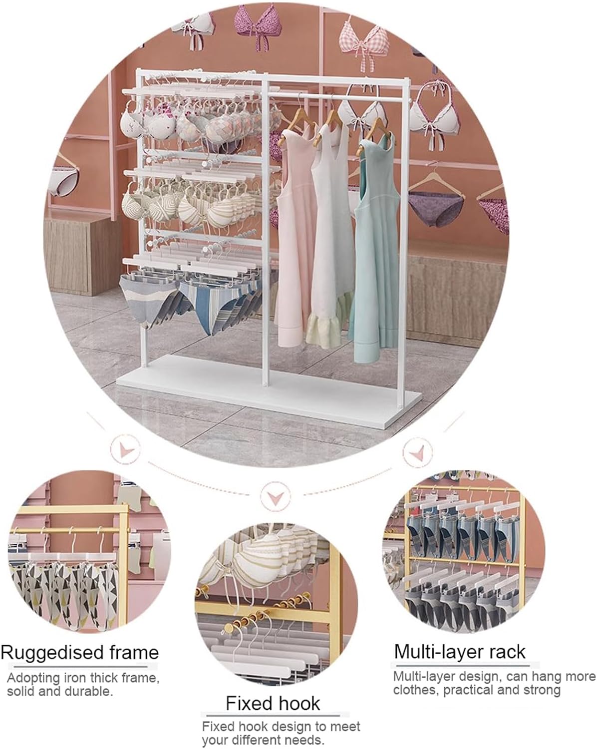Commercial Metal Clothes Rack Garment Rack Freestanding Underwear Storage Shlef, Heavy Duty Clothing Rack, Coat Rail Display Stand Boutique Hanger with 3 Tier STO(Gold