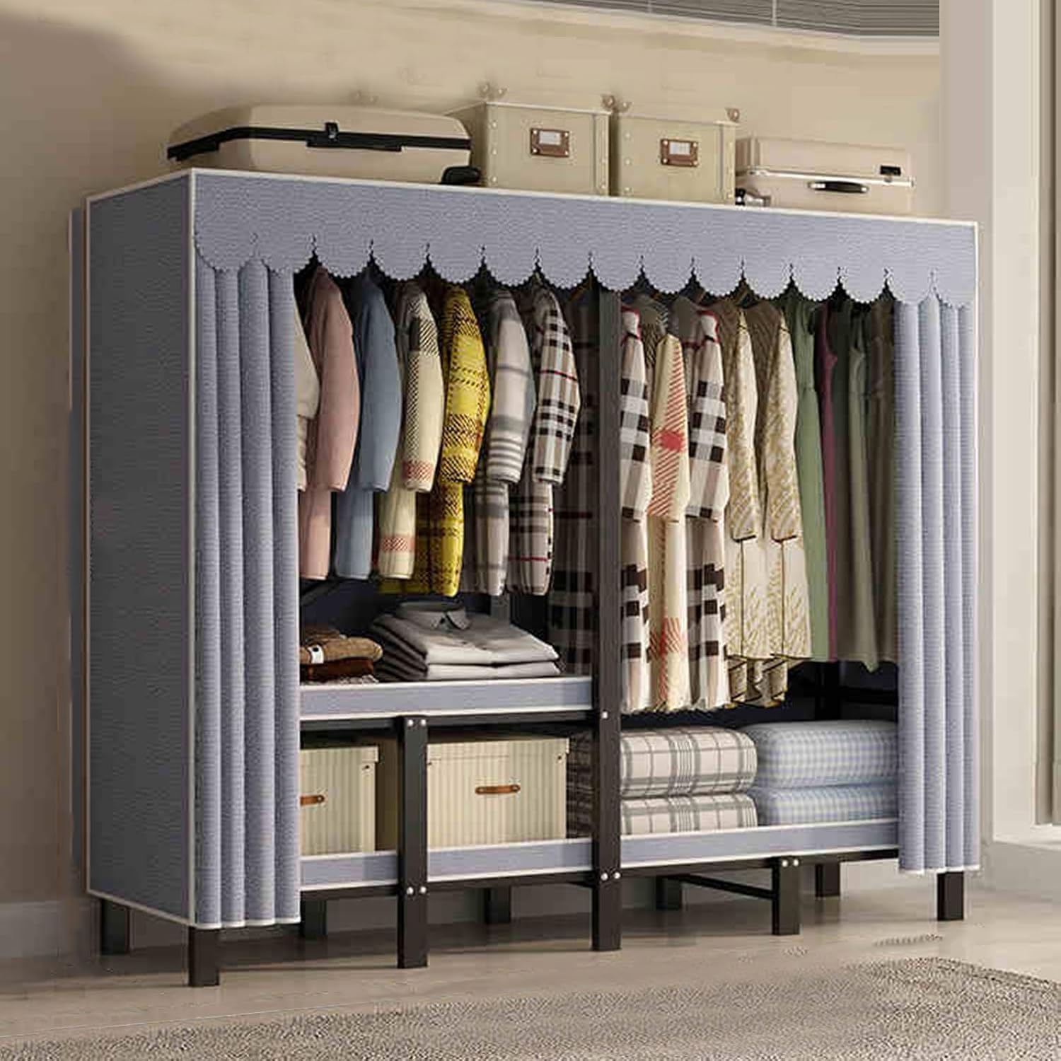 Portable Closet Wardrobe,Freestanding Coat Storage Garment Racks,Closet Storage Organizer with Shelves and Cover,Easy Assembly(Color 2,150x50x170CM)