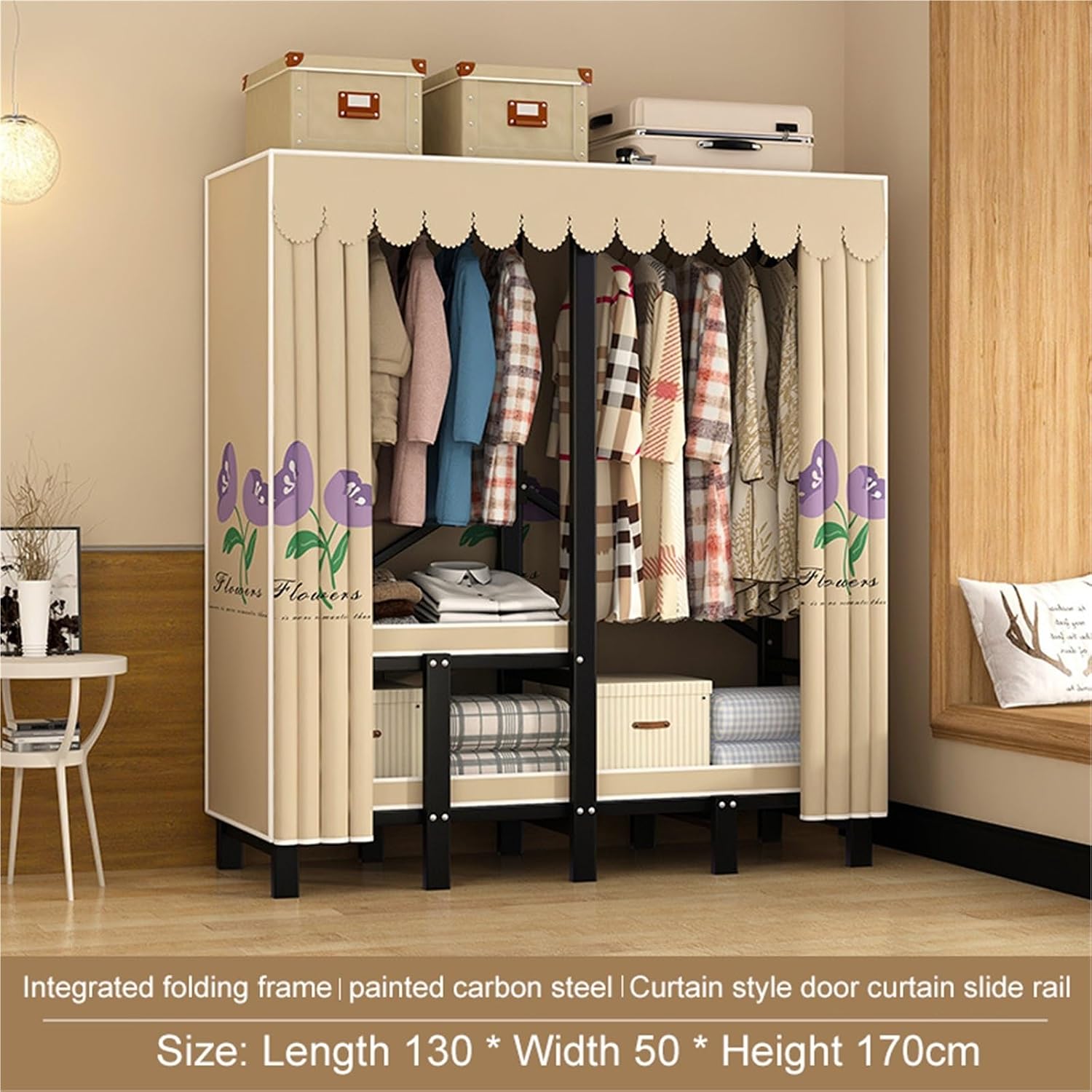 Portable Metal Wardrobe Closets,Freestanding Clothing Racks,Foldable Wardrobe Closet Large Heavy Duty Portable Covered Rack With Cover,for Hanging Clothes Coat Storage Garment Racks Bedroom(130CM)