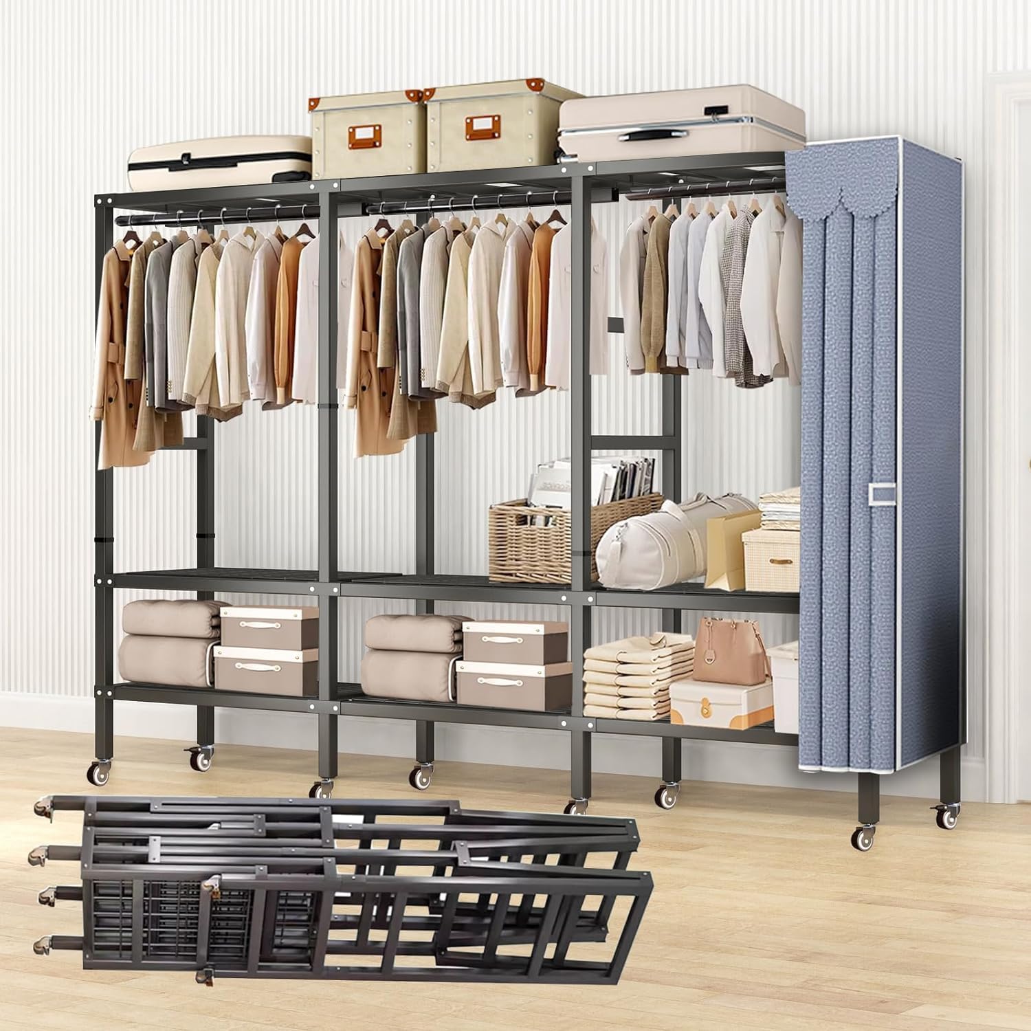 Heavy Duty Metal Clothing Rack with 8 Wheels and Cotton Cover Max 2000lbs Foldable Garment Rack with 3 Hanging Rods Freestanding Armoires Portable Wardrobe Closets for Bedroom (51.1 * 19.6 * 70.8in)