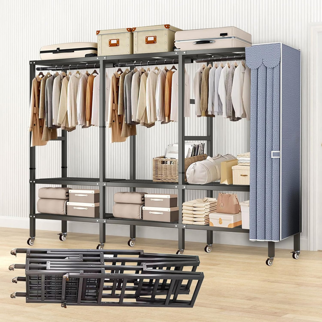 Heavy Duty Metal Clothing Rack with 8 Wheels and Cotton Cover Max 2000lbs Foldable Garment Rack with 3 Hanging Rods Freestanding Armoires Portable Wardrobe Closets for Bedroom (51.1 * 19.6 *