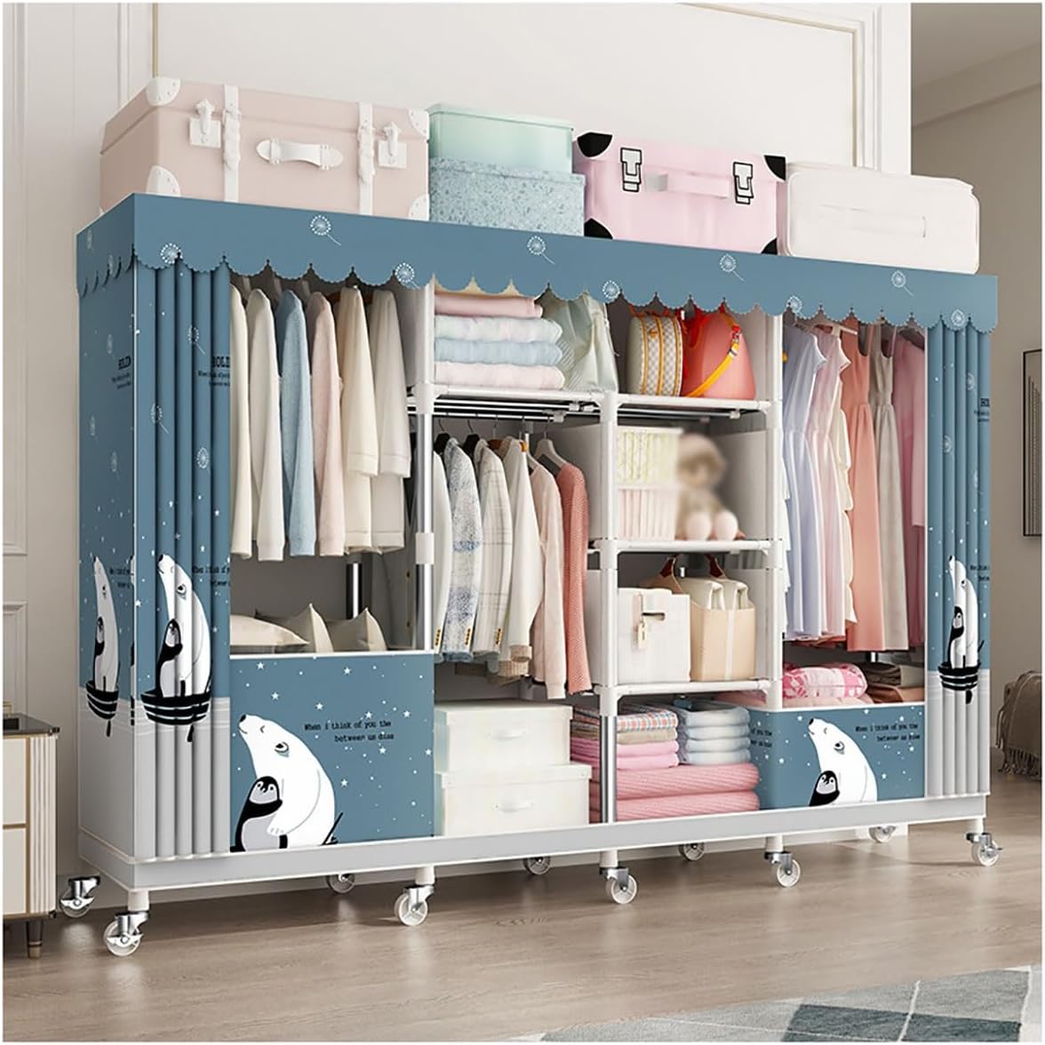 Extra Large Wardrobe Closet With Wheels Heavy Duty Metal Garment Rack Free-Standing Rolling Clothes Rack With Cover For Bedroom (Color : A, Size : 200x45x170cm)