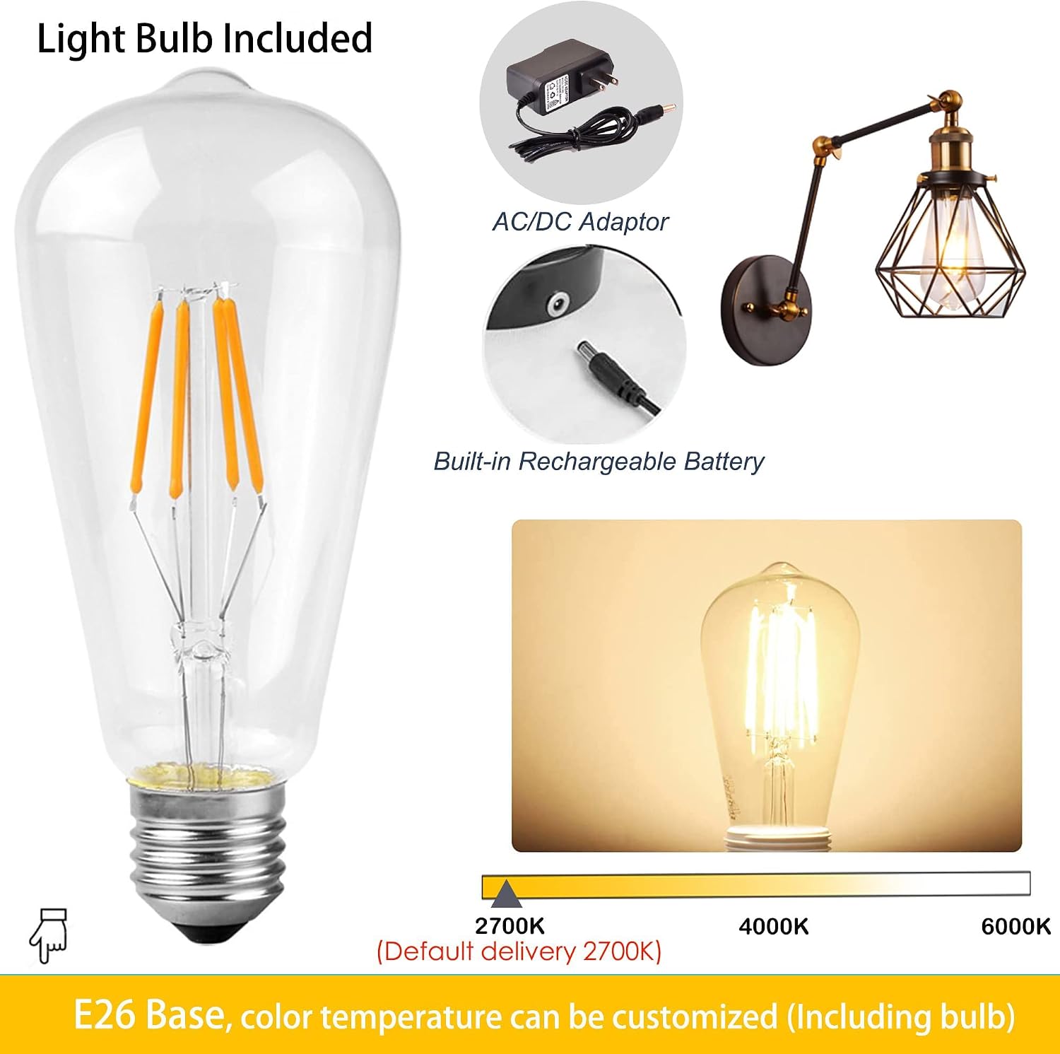 Kiven Battery Operated Wall Lamp, Industrial Wall Sconces, Warm White Wall Lighting Fixtures, Vintage Wall Mounted Lamp Set of 2 for Living Room Bedroom Hallway E26 Socket