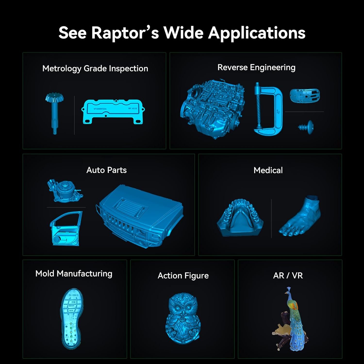 Creality CR-Scan Raptor 3D Scanner, 60fps Blue Laser & NIR, 0.02mm Accuracy, 24-Bit Color, Scans 5-2000mm Objects, Anti-Shake Tracking for Windows macOS