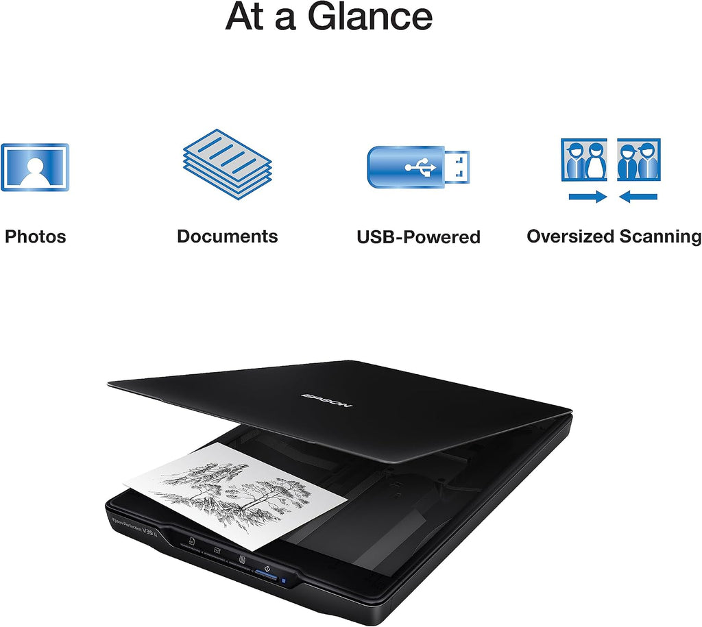 Epson Perfection V39 II Color Photo and Document Flatbed Scanner with 4800 dpi Optical Resolution Image Scanning, High-Rise Removable Lid, Scan to Cloud and USB Power, Black