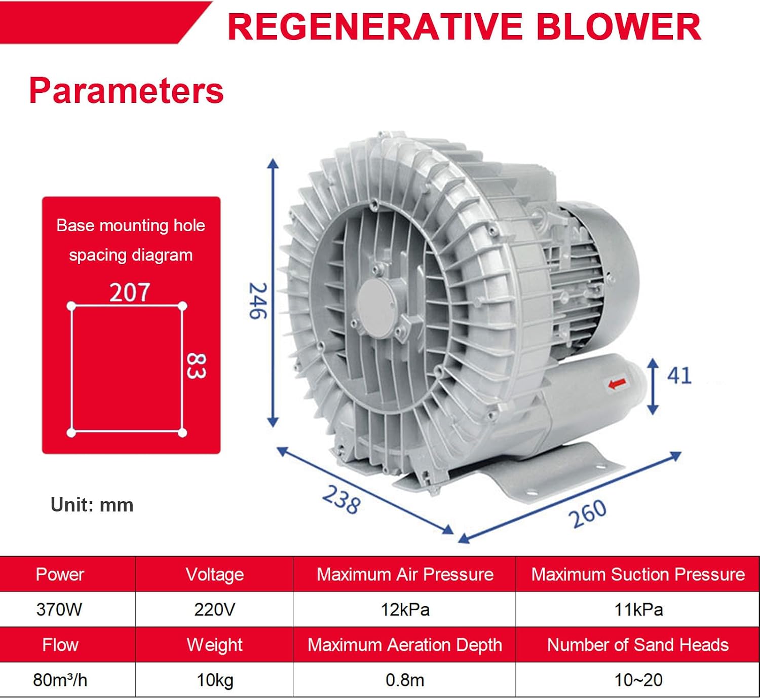 Regenerative Blower & Single/Three Phase Vortex Ring Blower - 220v/380v Industrial Vacuum for Aquaculture Hydroponics and Dust Collection 370W/220V