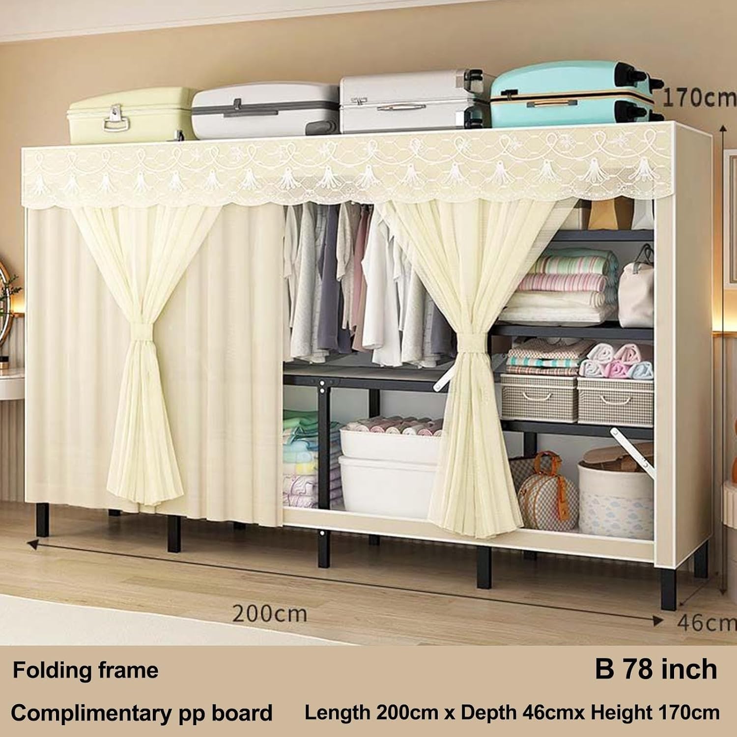 Collapsible Clothes Storage Organizer, Portable Closet Wardrobe with Cover Freestanding Garment Rack Cabinet, for Home and Retail,Load Capacity 1100lbs(B78in)