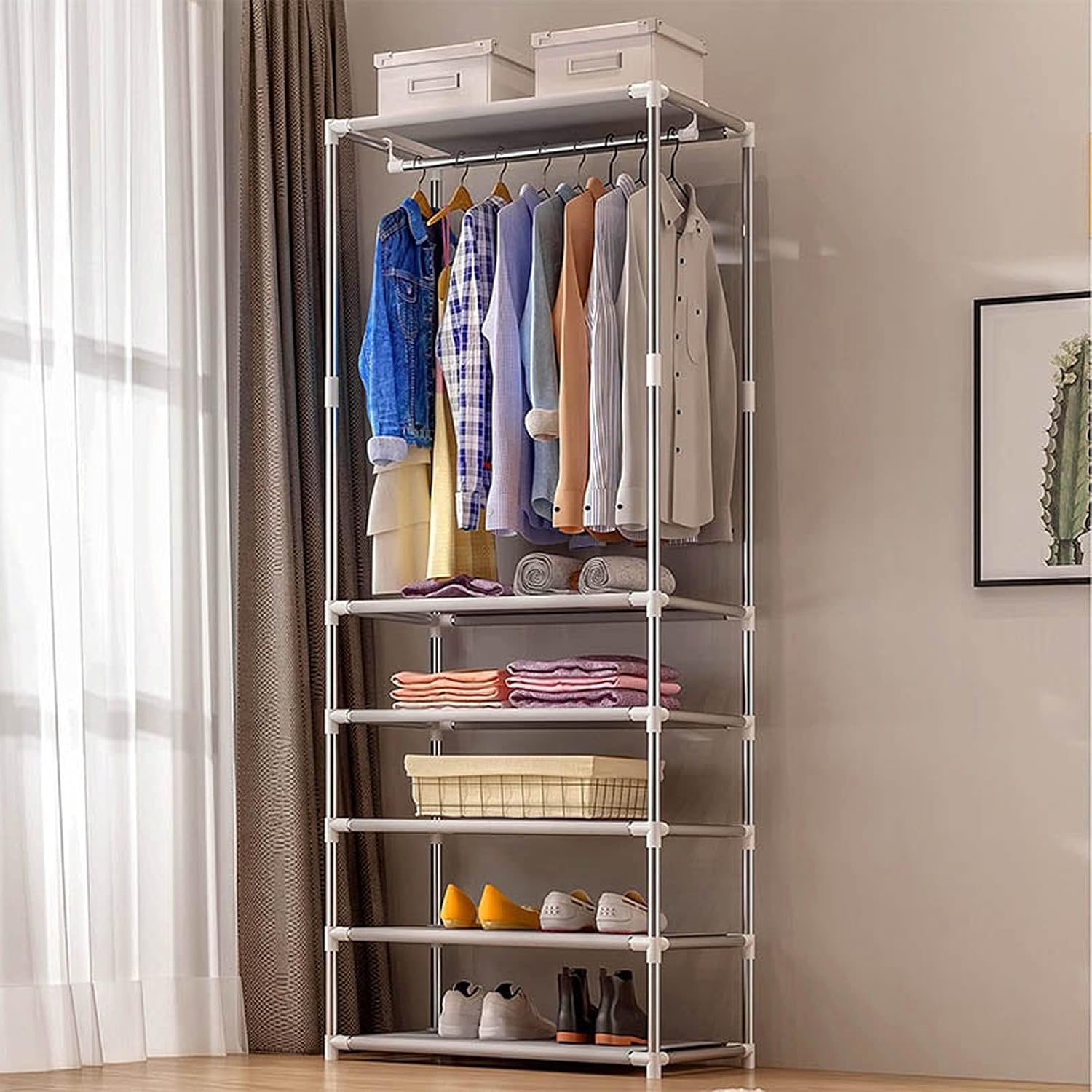 Clothes Organizer Free-Standing Closet Garment Rack Metal Rod Clothes Wardrobe Metal Rod Clothes Rack Closet Storage Organizer （Without Cover） Portable Closet