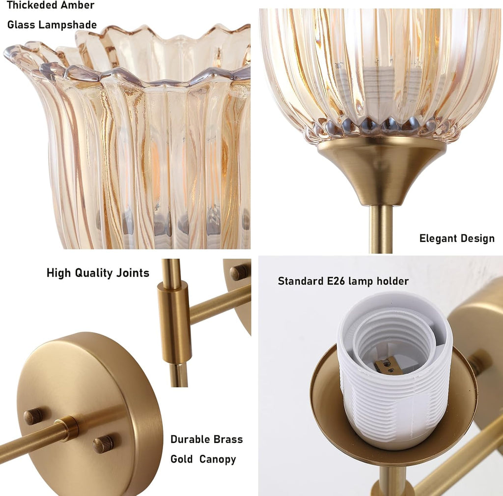 BYOLIIMA Gold Wall Sconce Set of 2 with Amber Glass Shades Modern Mid Century Bathroom Vanity Wall Light Fixtures Industrial Brushed Brass Wall Lamp for Bedroom Mirror Living Room Restaurant