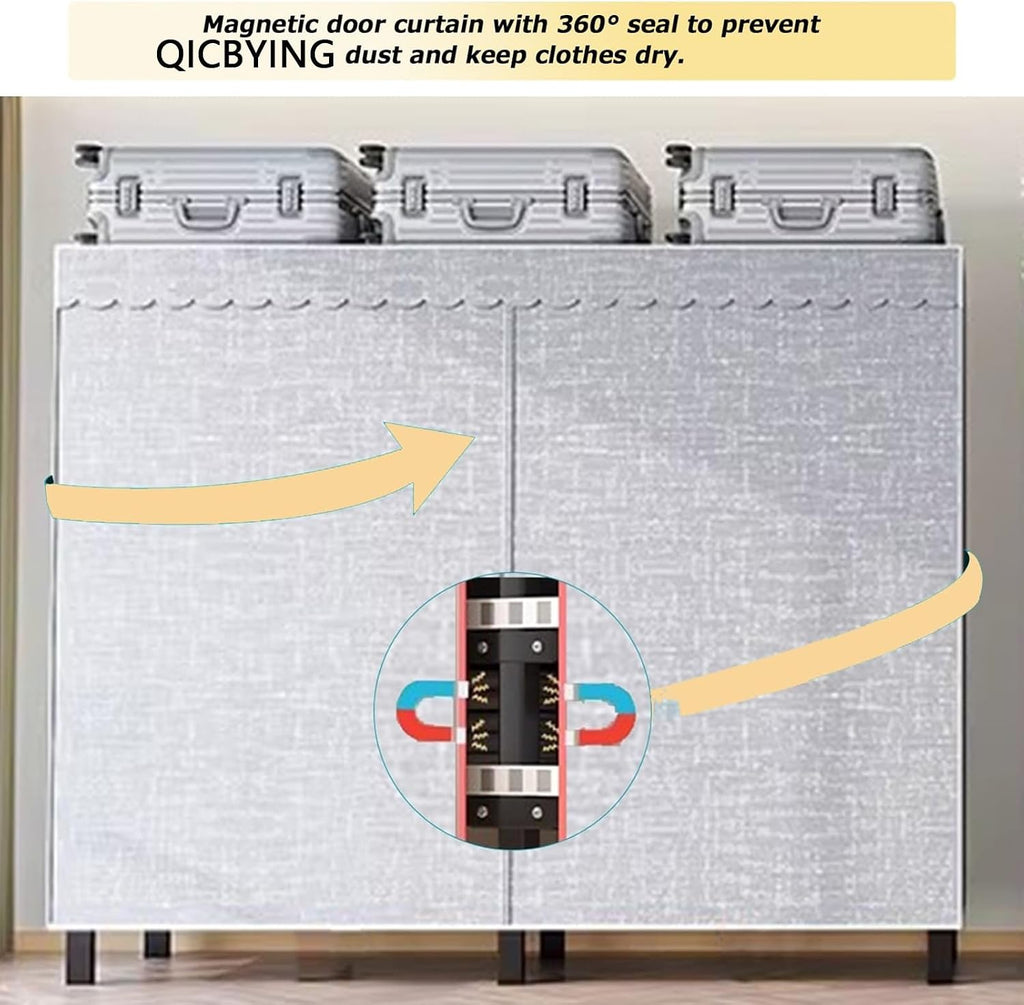 Wardrobe Storage Closet - Heavy Duty Rolling Garment Rack With Cover, Foldable Clothing Rack For Hanging Clothes, Portable Freestanding Closets Wardrobe , Metal Armoires, Max 2000lbs(Size:180*52*180cm