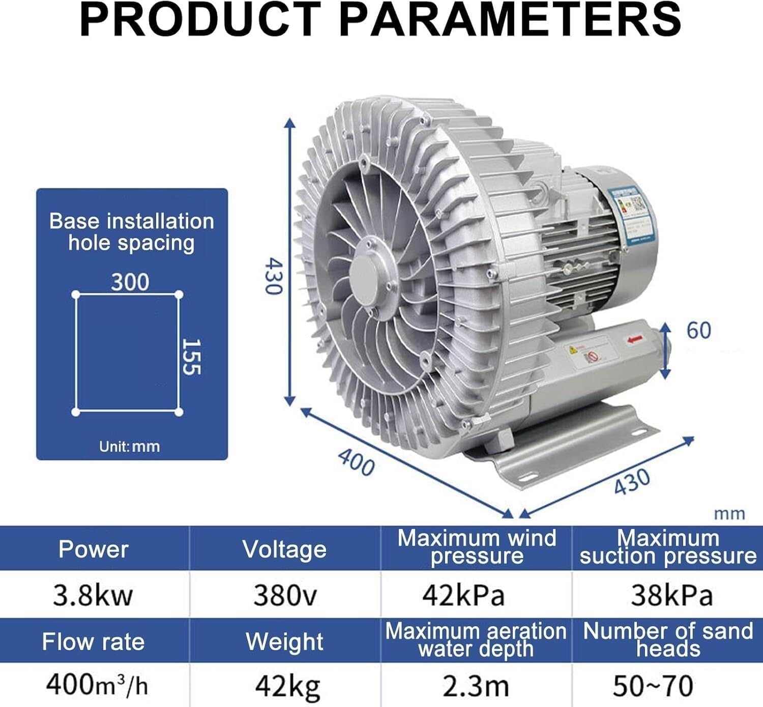 Single/Three Phase Electric Regenerative Air Pump 0.16-2.04HP Vortex Blower 120W-7500W for Sewage Aeration Aquarium Hydroponics Septic Tanks High Pressure Ring Blower(3.8KW/380V)