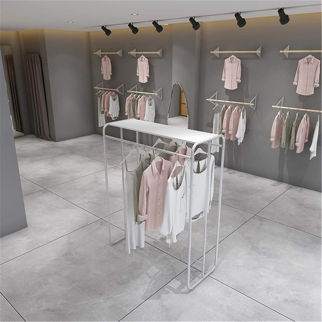 KnoRRs Stylish Silver Display Stand,Double-Rod Coat Pipe Shelf with Top Storage Rack,Freestanding Garment Rack for Shirts,Dresses,for Clothes Store,Boutique,135/150cm(Size:135 * 150CM) (150 * 100CM)