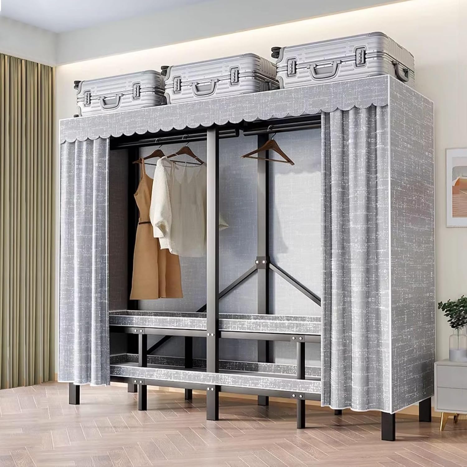 THEGA Portable Wardrobe Closet Rack - Heavy-Duty Foldable Garment Rack with Cover, 1100lbs Freestanding Clothes Organizer System,Enclosed Curtain Armoires for Hanging Clothes for Bedroom(150cm/59in)