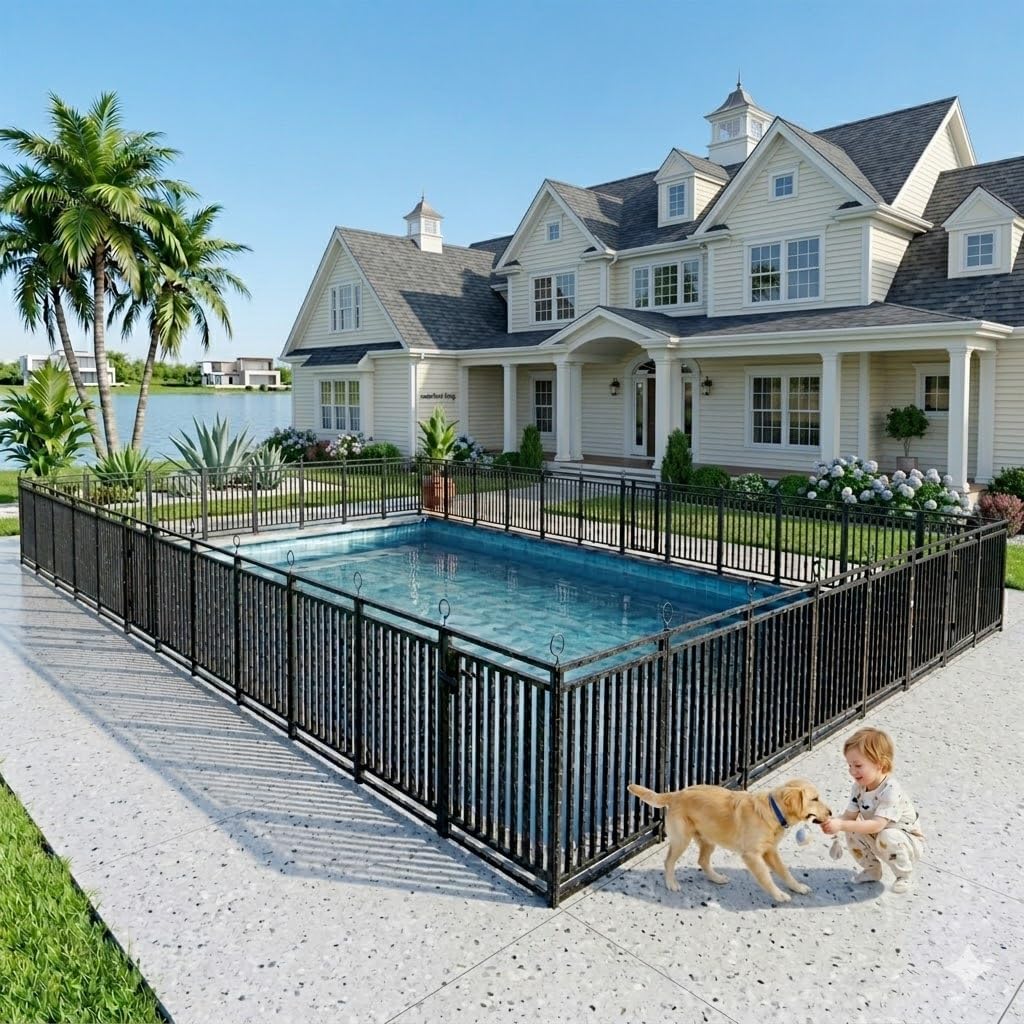92ft x 32in Removable Pool Fence, 35 Panel & 5 Gates In-Ground Safety Barrier for Pets, Reinforced Metal Fencing for Patio & Garden, Black-Silver