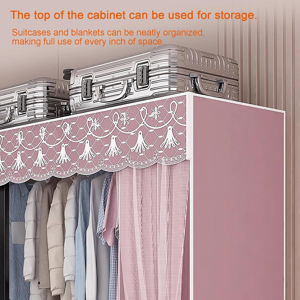 Portable Foldable Wardrobe Closet, Garment Rack with Cover for Hanging Clothes, Clothes Rack with Storage Basket, Clothes Storage Box, Thickened Steel Tube(Pink,78.7x67in/200x67in)