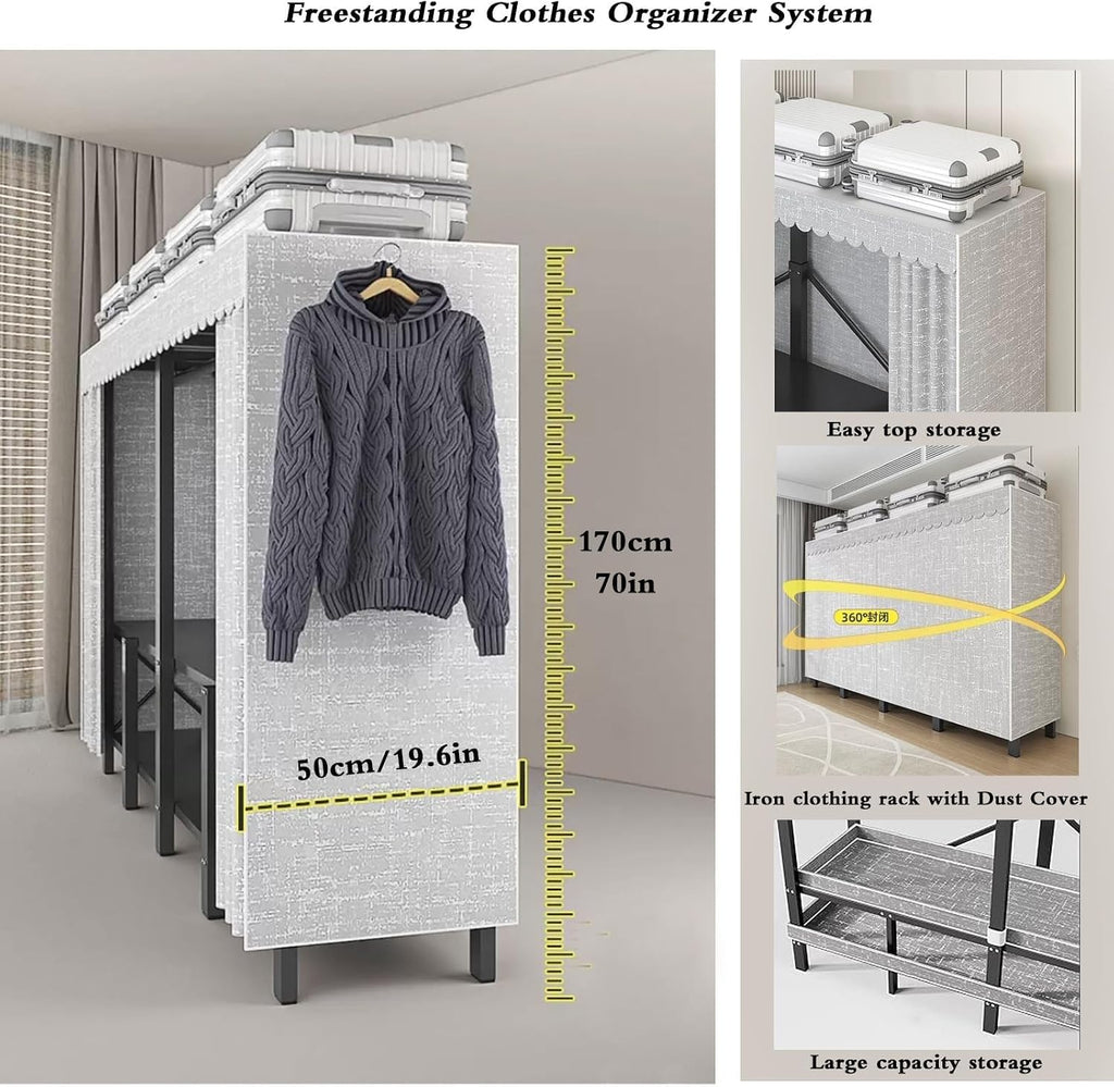 Wardrobe Closet - Collapsible Heavy Duty Portable Closet Wardrobe Clothes Rack With Cover, 1200Ibs Freestanding Metal Clothing Rack, With 2 Hang Rods, 4 Shelves Adjustable Closet Rack(150*52*180cm)