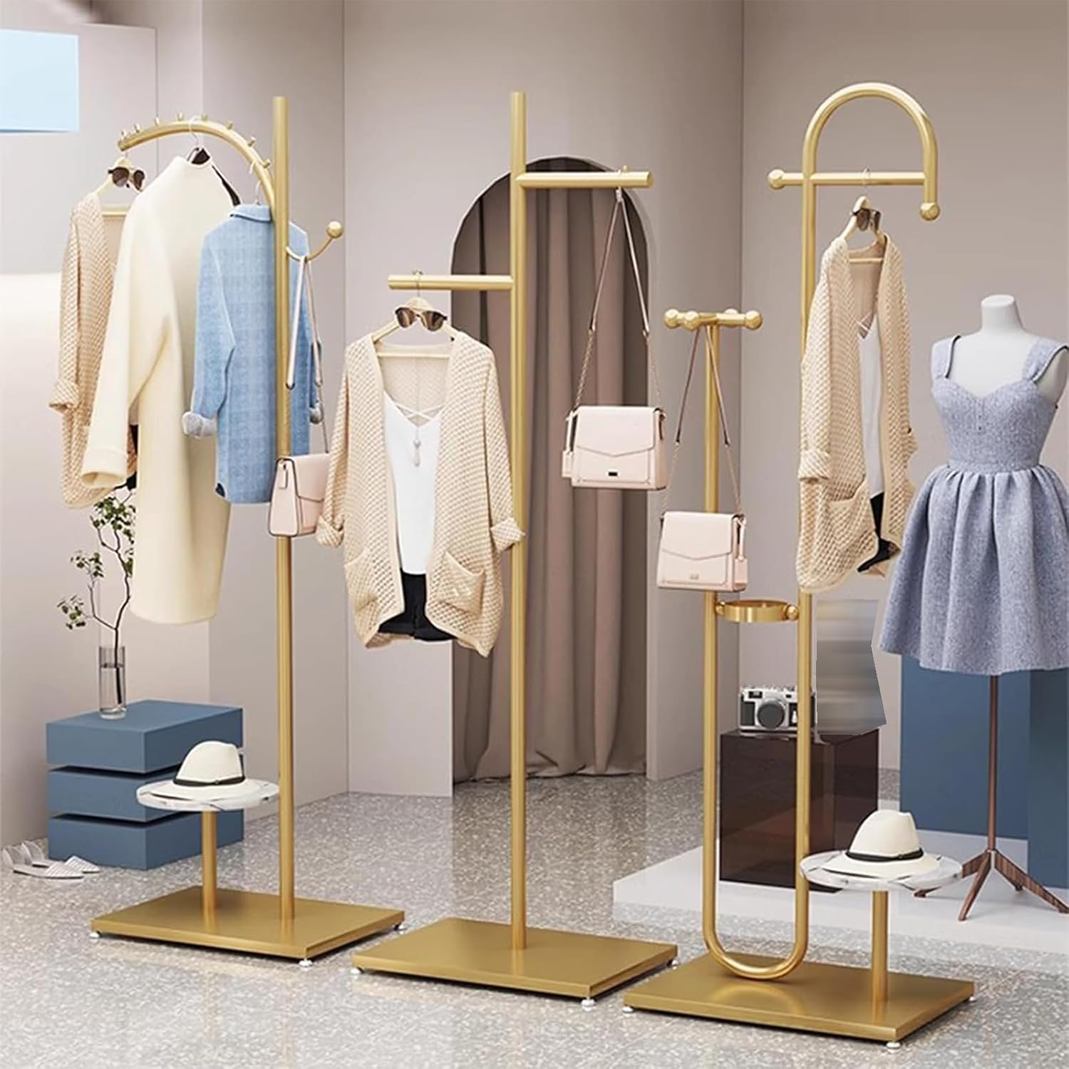 Heavy duty Garment rack Modern Clothes Display Rack For Boutique Retail, Freestanding Small Coat Rack With Hooks Ans Shelves, For Hanging Clothes, Bag, Space Saving Clothing Rack For Bedroom (Gold )