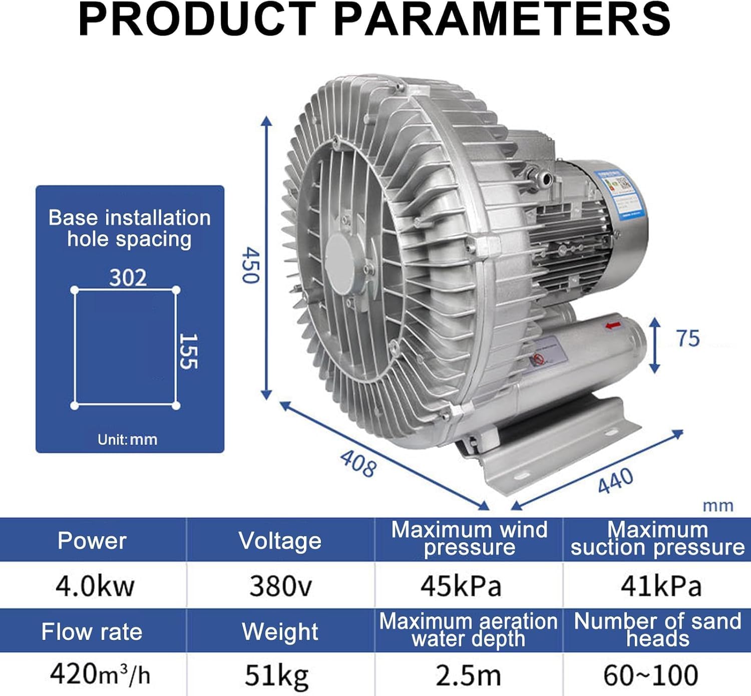 High-Pressure Vortex Ring Blower, for Sewage Fermentation Treatment, Pool Oxygenation Machine, Regenerative Blower(4KW/380V)