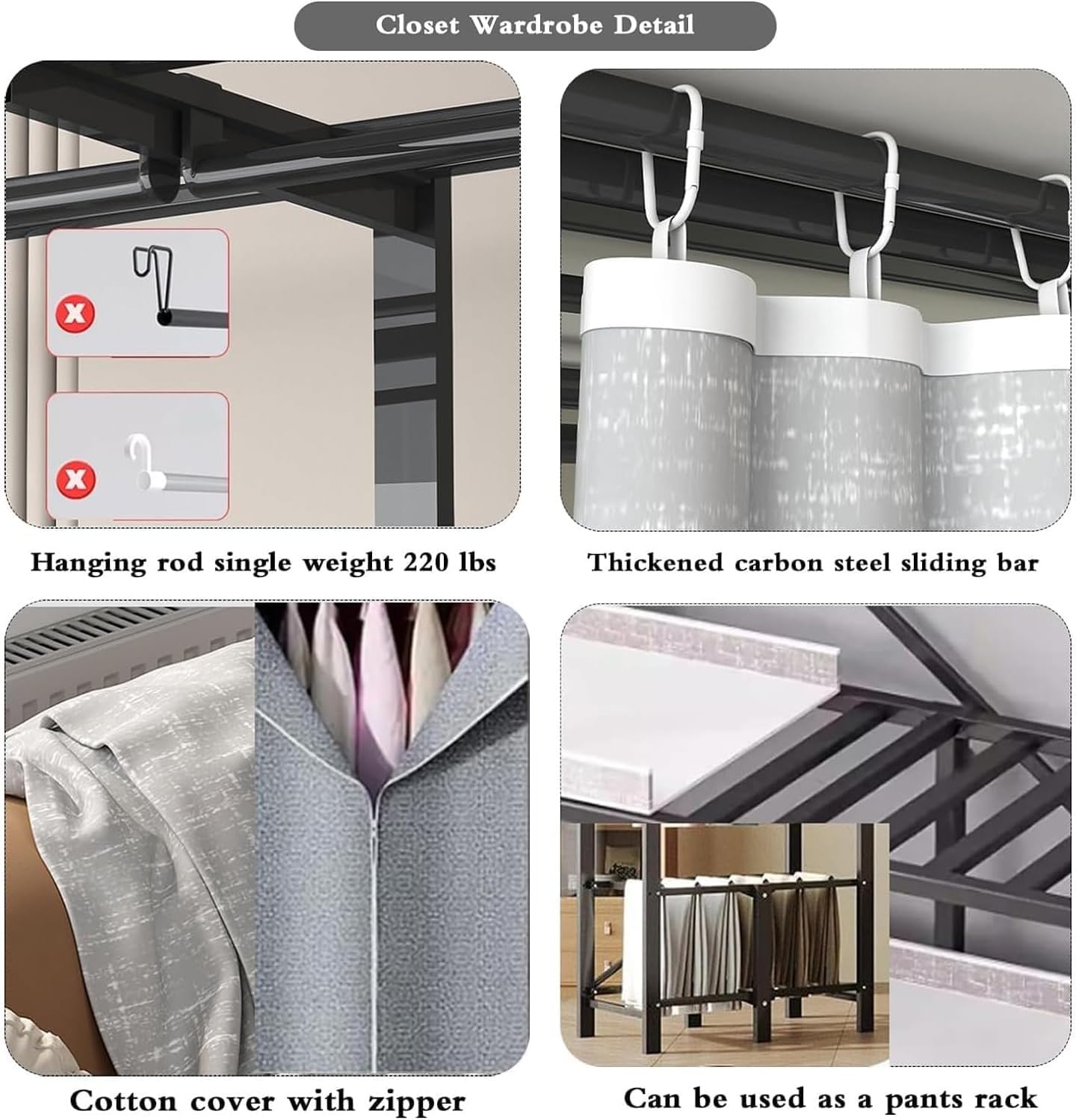 Large Metal Closet Rack, Foldable Clothe Rack With Cover Heavy-Duty Portable Wardrobe Closet For Bedroom Armoires Freestanding Clothing Coat Storage Rack Garment Rack For Hanging Clothes(203cn/80in)